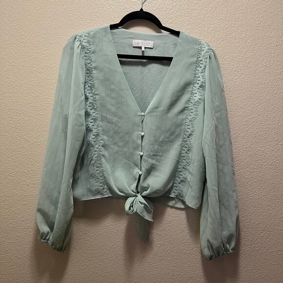 WAYF Where Are You From Puff Sleeve Blouse Mint Green Button Front Lace V-Neck M - Picture 2 of 8